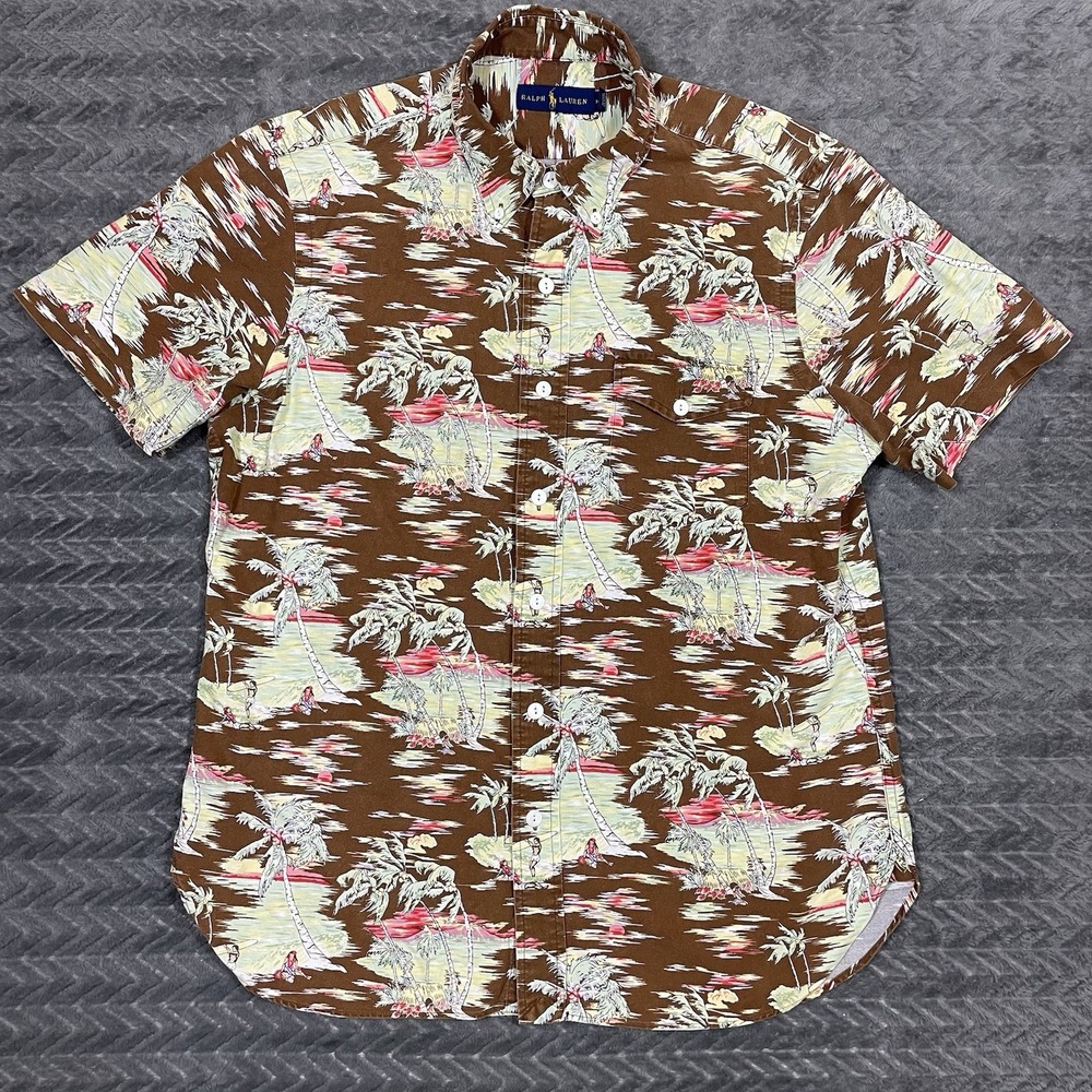 Ralph Lauren Hawaiian Shirt Men Medium Button Down Short Sleeve Surf Hula Wave